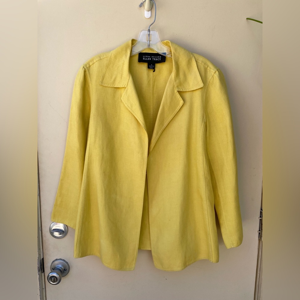 Linda Allard/ Ellen Tracy Yellow Open Front Linen Swing Jacket Size 8 VTG